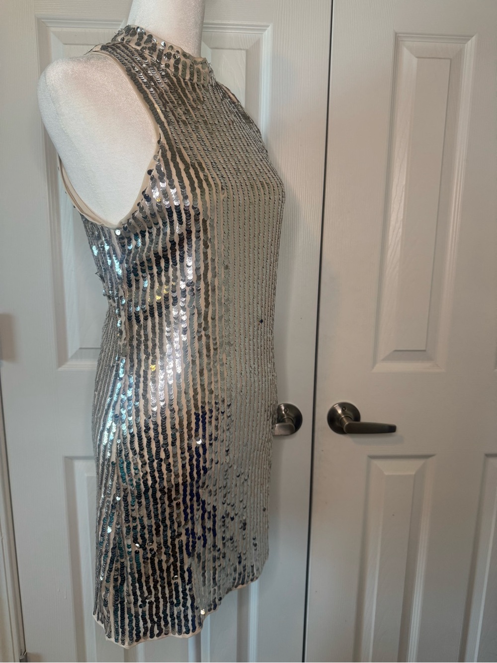 Mademli Boutique NWT Silver Sequin Mini Dress Size Small Nude Mesh Lining - Picture 5 of 9